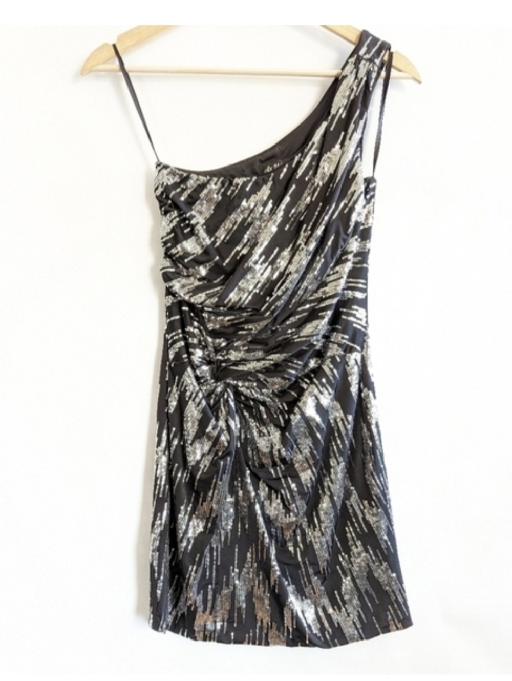 Sequined Party Dress Small Black Silver One Shoulder Twist Accent Formal